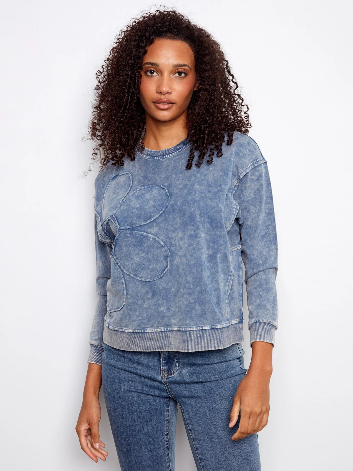 Charlie B Flower Denim Crew-Neck Long-Sleeve Top - Style C1417-377CA