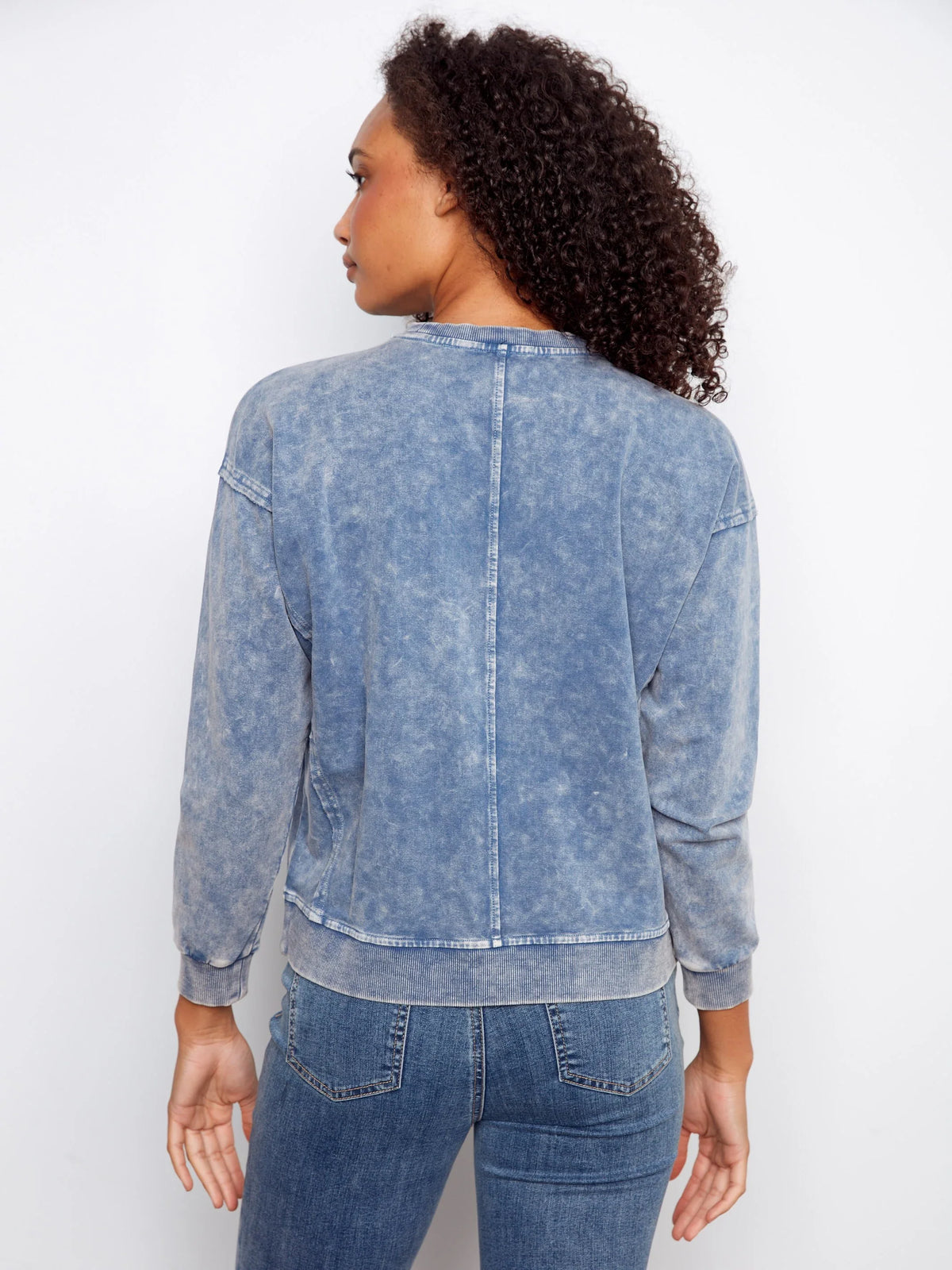 Charlie B Flower Denim Crew-Neck Long-Sleeve Top - Style C1417-377CA