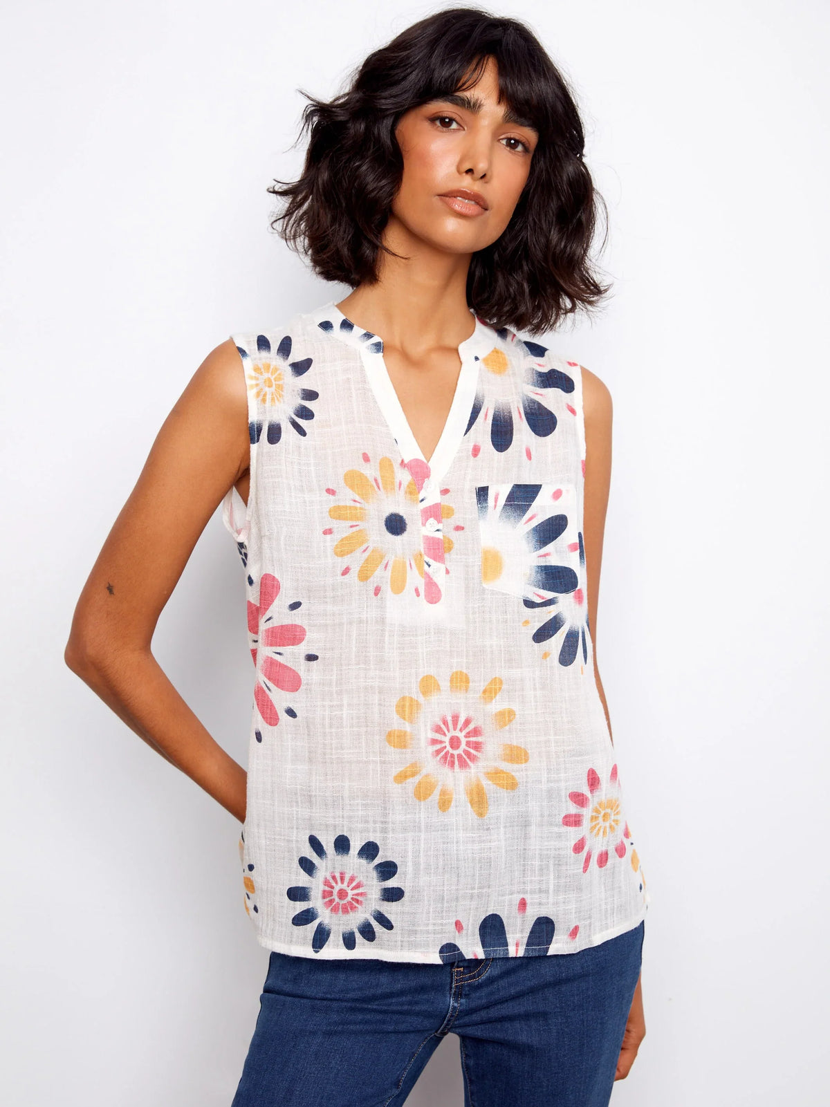 Charlie B Printed Gauze Sleeveless Blouse - Style C4606DD-274C