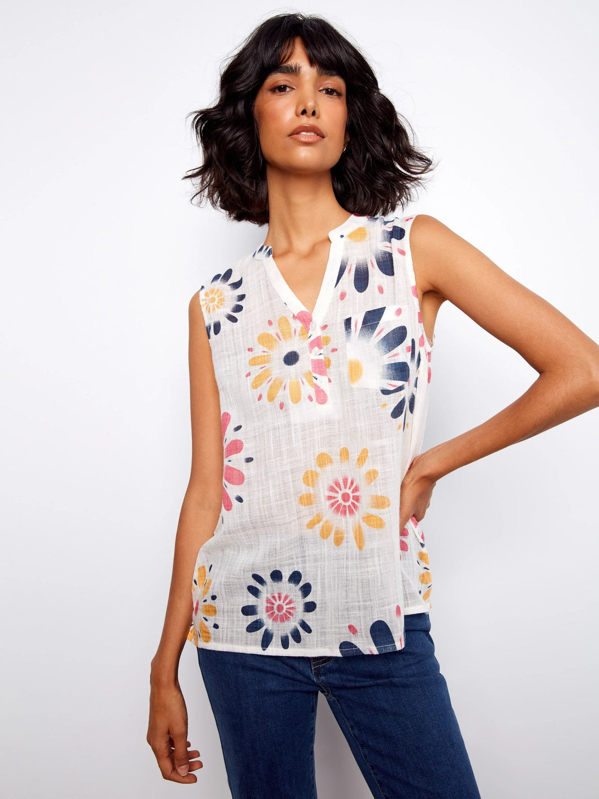 Charlie B Printed Gauze Sleeveless Blouse - Style C4606DD-274C