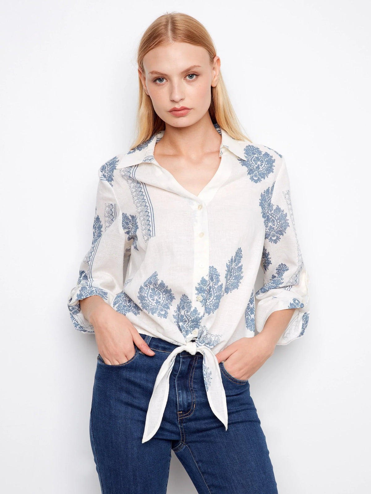 Charlie B Printed Linen Button-Up Front-Tie Blouse - Style C4672-295C