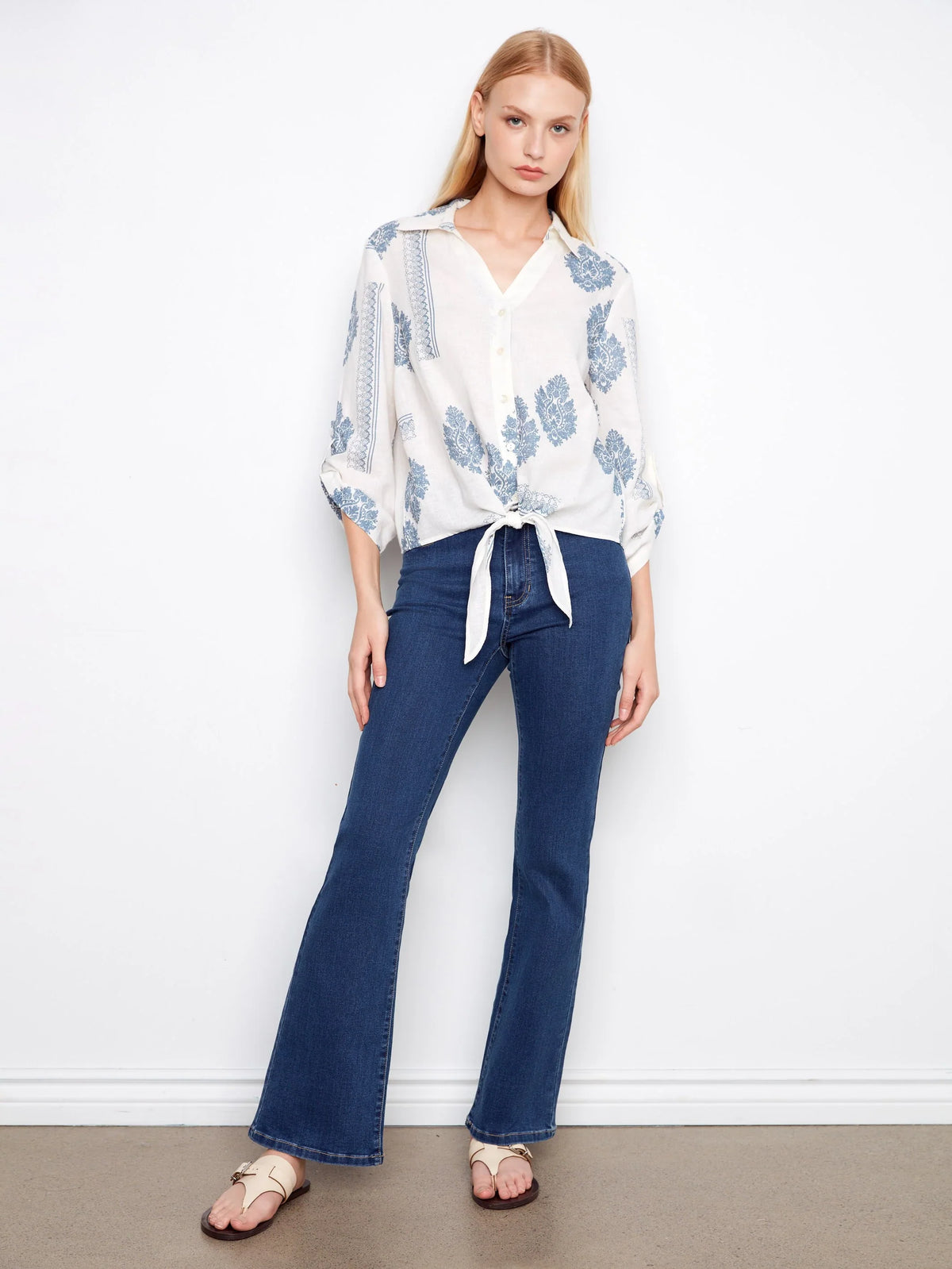 Charlie B Printed Linen Button-Up Front-Tie Blouse - Style C4672-295C