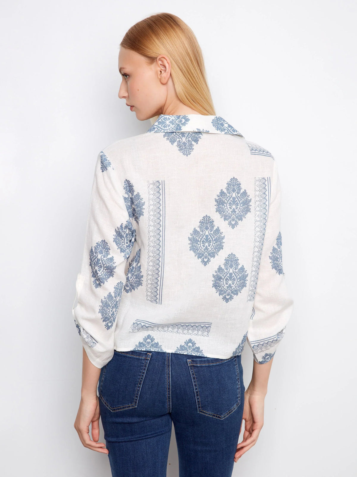 Charlie B Printed Linen Button-Up Front-Tie Blouse - Style C4672-295C