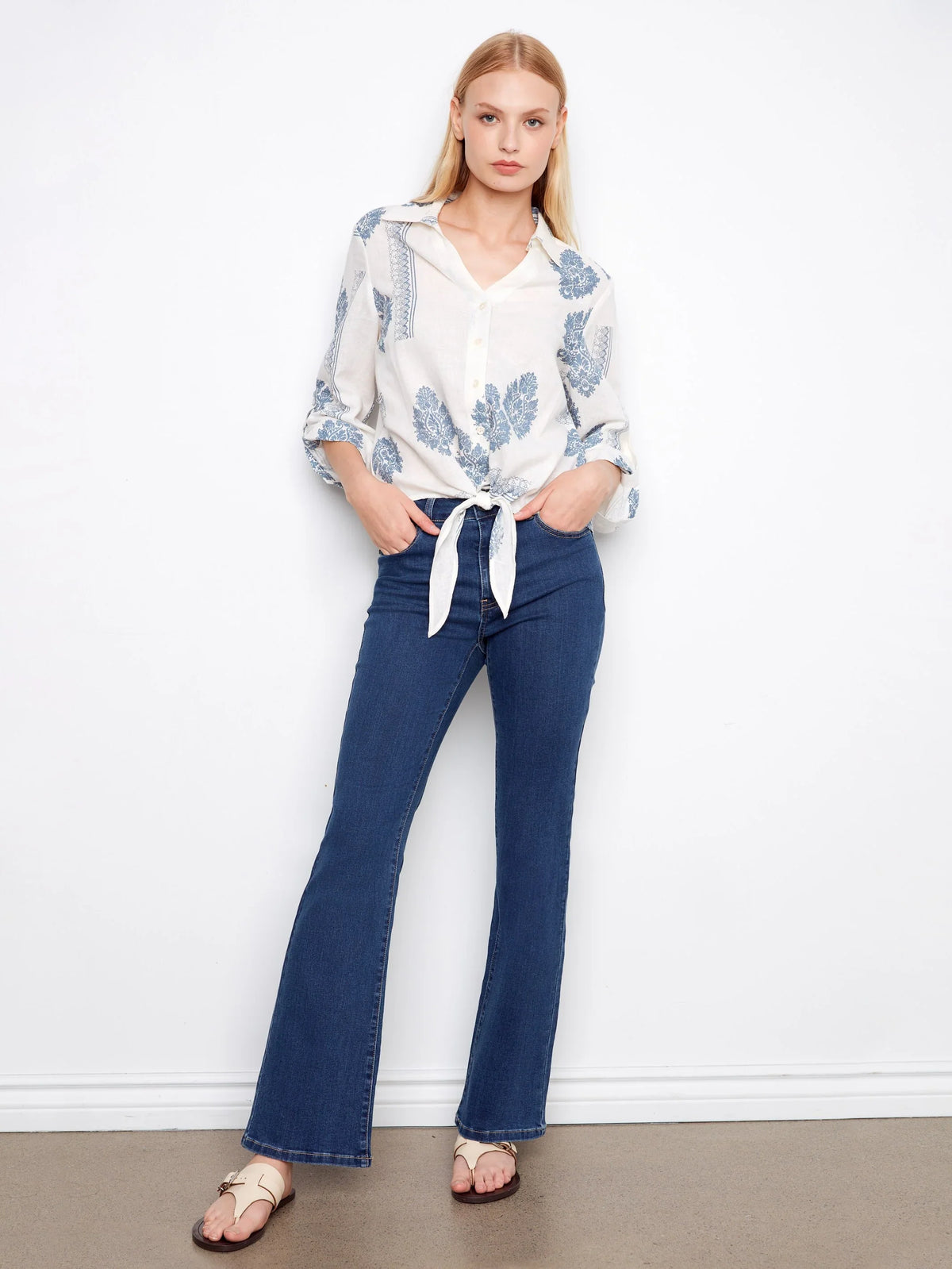 Charlie B Printed Linen Button-Up Front-Tie Blouse - Style C4672-295C