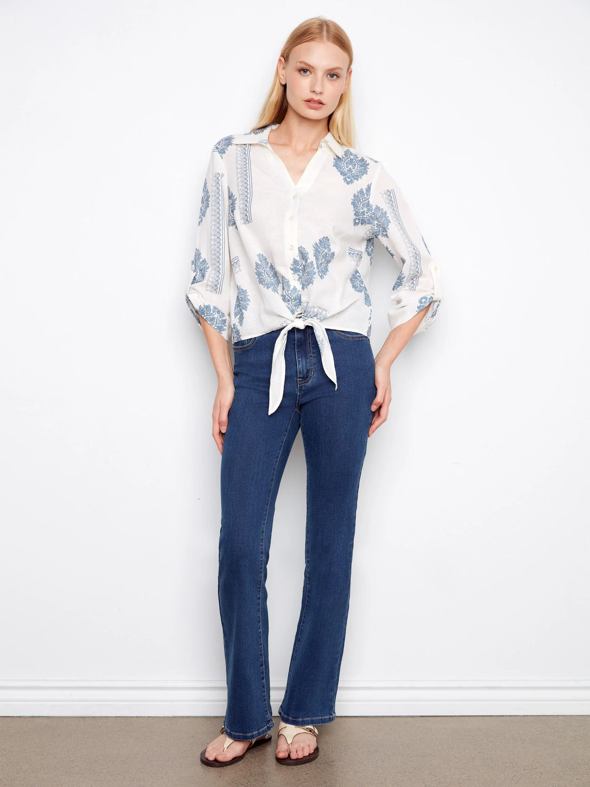 Charlie B Printed Linen Button-Up Front-Tie Blouse - Style C4672-295C