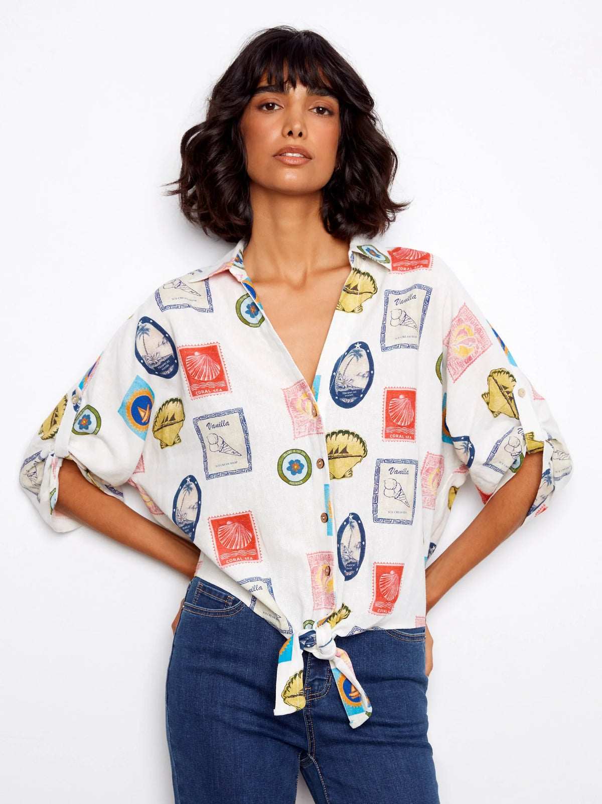 Charlie B Printed Button-Front Front-Tie Ruched Blouse - Style C4637X-229B
