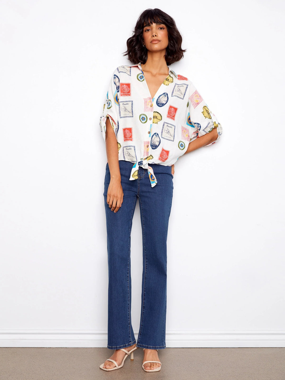 Charlie B Printed Button-Front Front-Tie Ruched Blouse - Style C4637X-229B