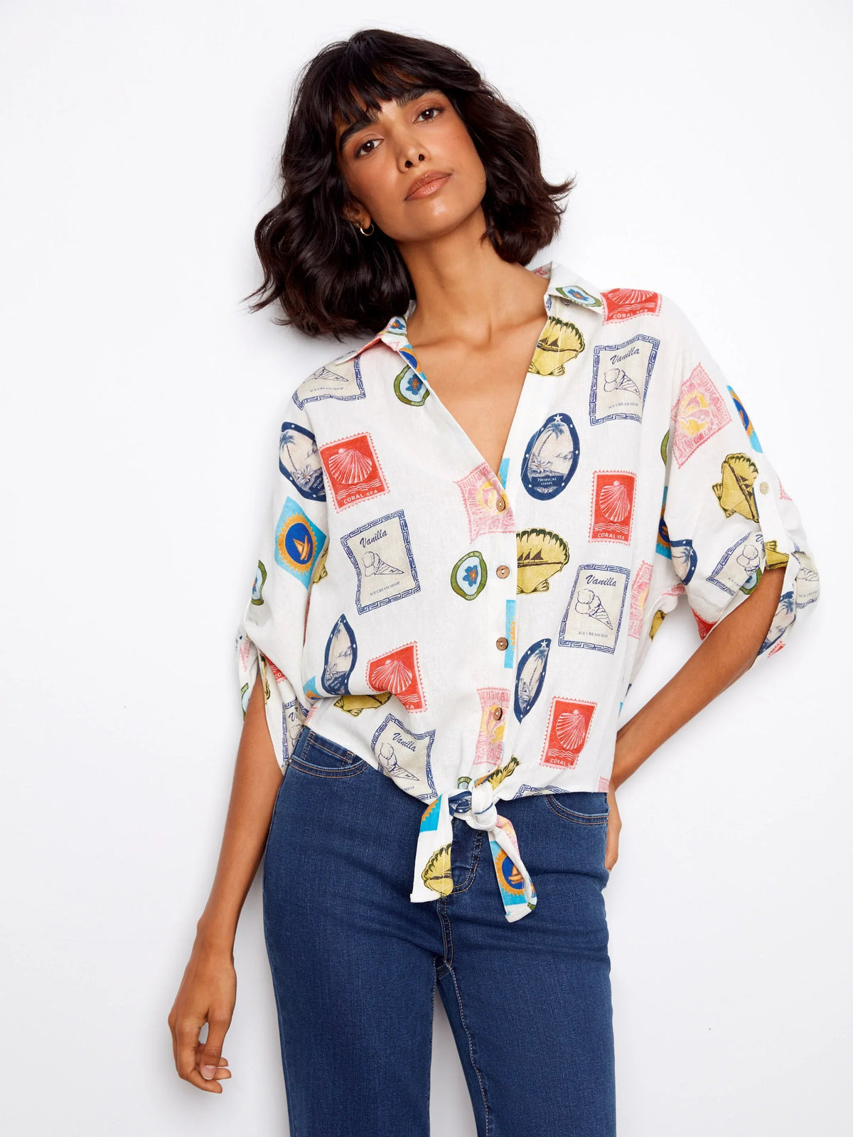 Charlie B Printed Button-Front Front-Tie Ruched Blouse - Style C4637X-229B