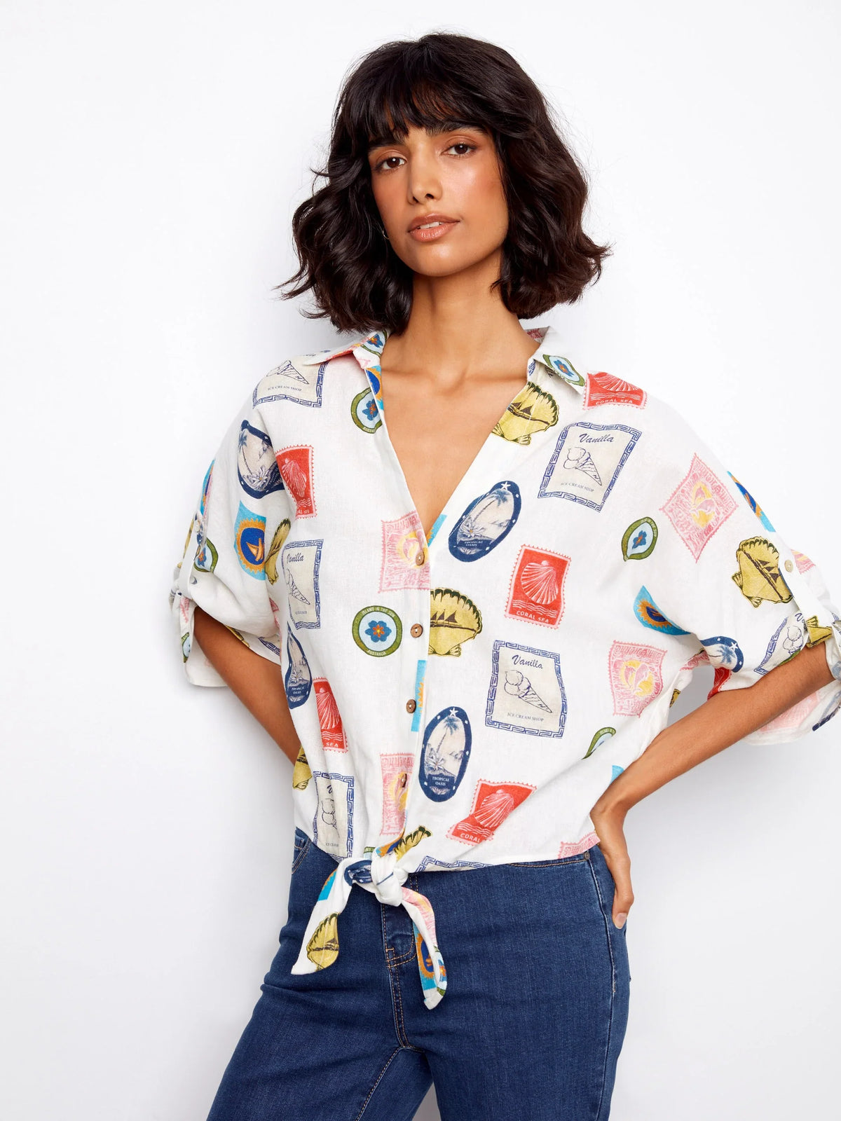 Charlie B Printed Button-Front Front-Tie Ruched Blouse - Style C4637X-229B