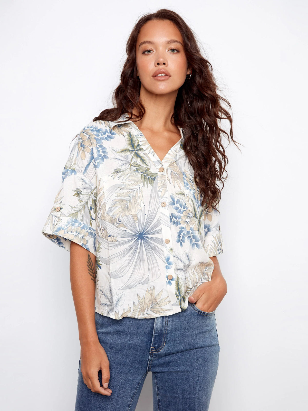 Charlie B Printed Linen Short-Sleeve Button-Front Blouse - Style C4688P-576C