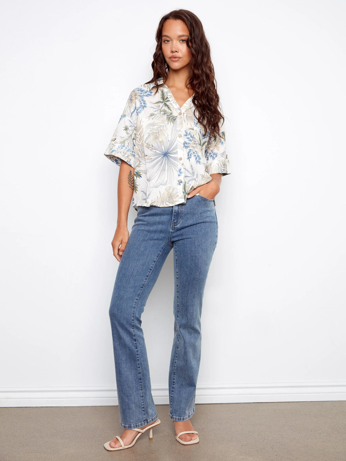 Charlie B Printed Linen Short-Sleeve Button-Front Blouse - Style C4688P-576C