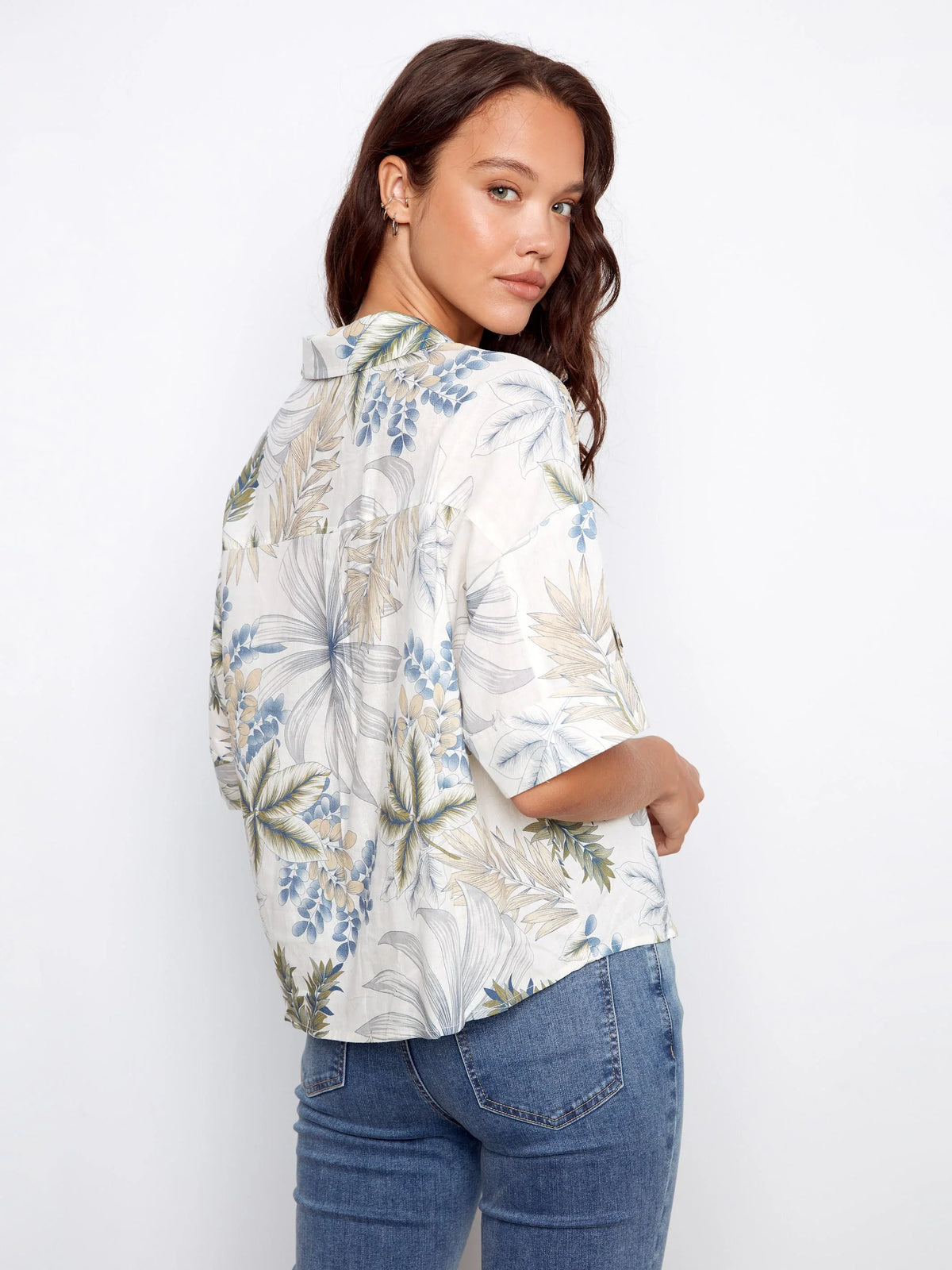 Charlie B Printed Linen Short-Sleeve Button-Front Blouse - Style C4688P-576C