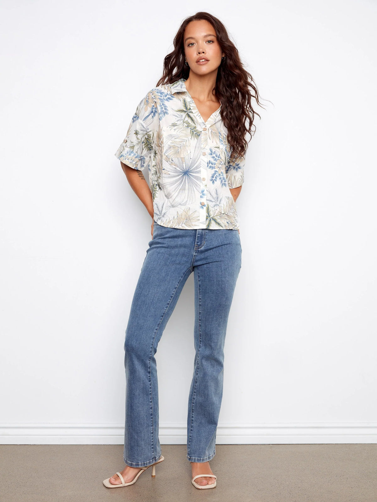 Charlie B Printed Linen Short-Sleeve Button-Front Blouse - Style C4688P-576C