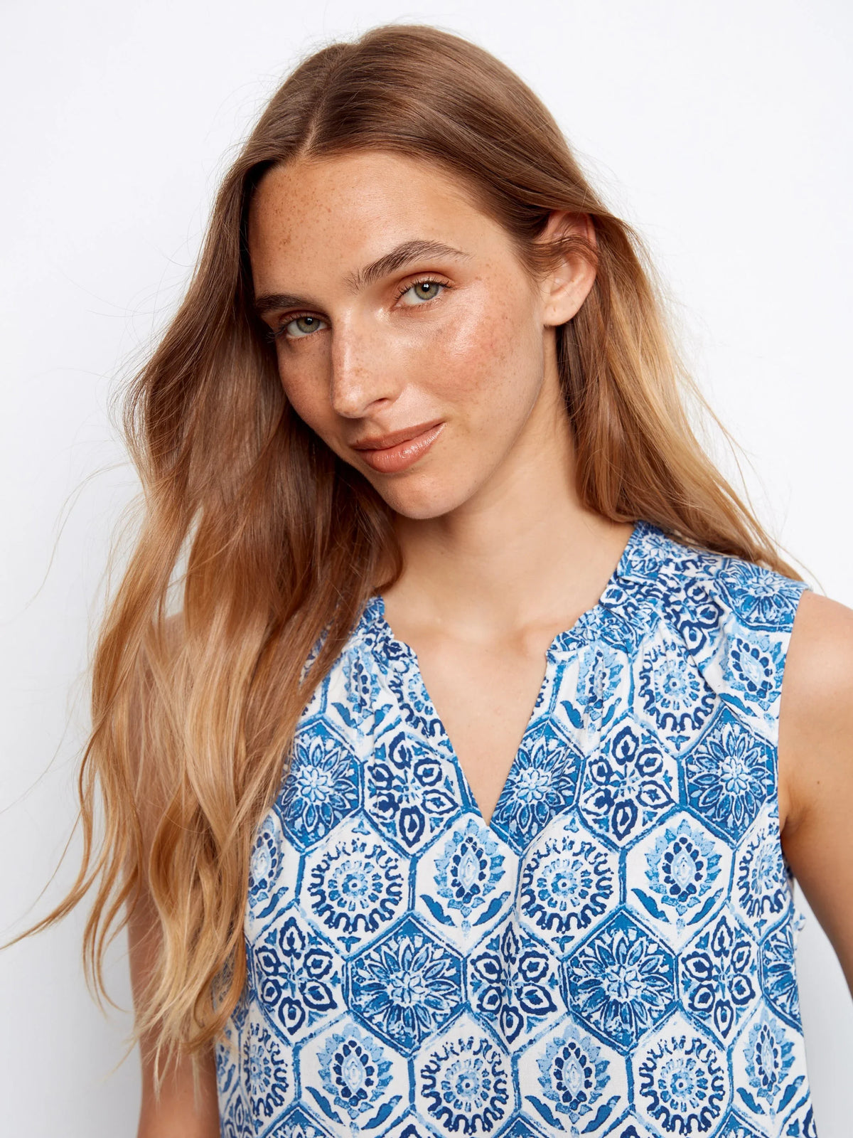 Charlie B Printed Sleeveless Ruffle Neck Top - Style C4529RR-510BA