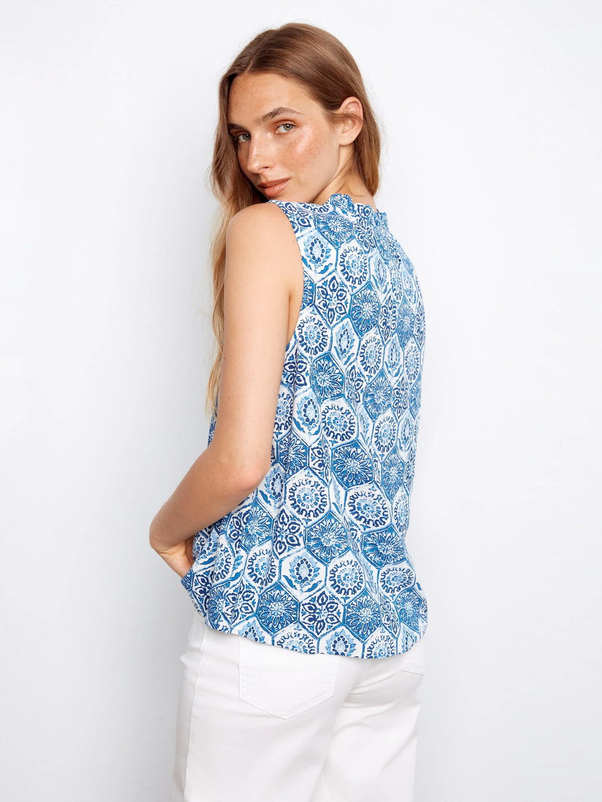 Charlie B Printed Sleeveless Ruffle Neck Top - Style C4529RR-510BA