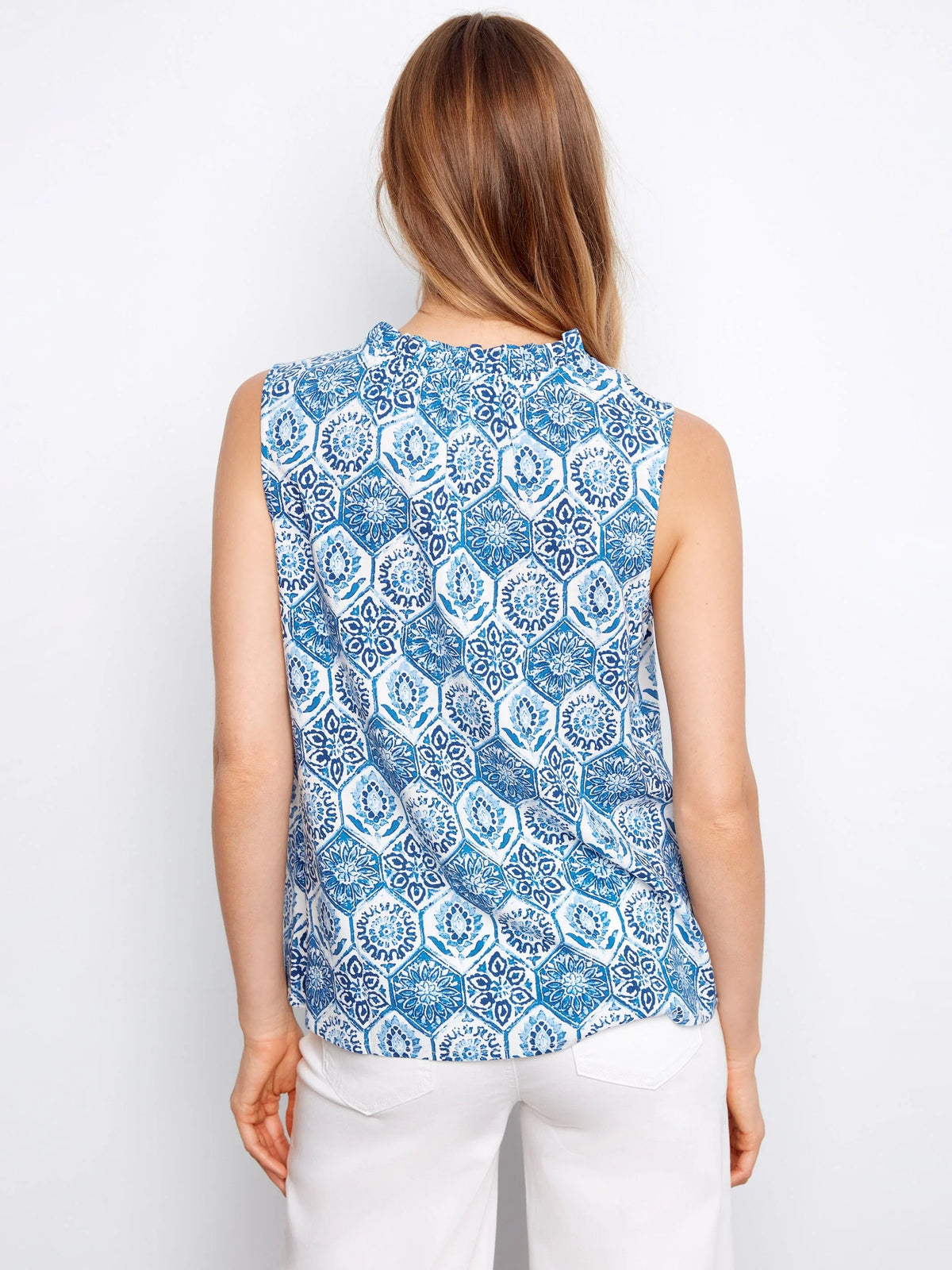 Charlie B Printed Sleeveless Ruffle Neck Top - Style C4529RR-510BA