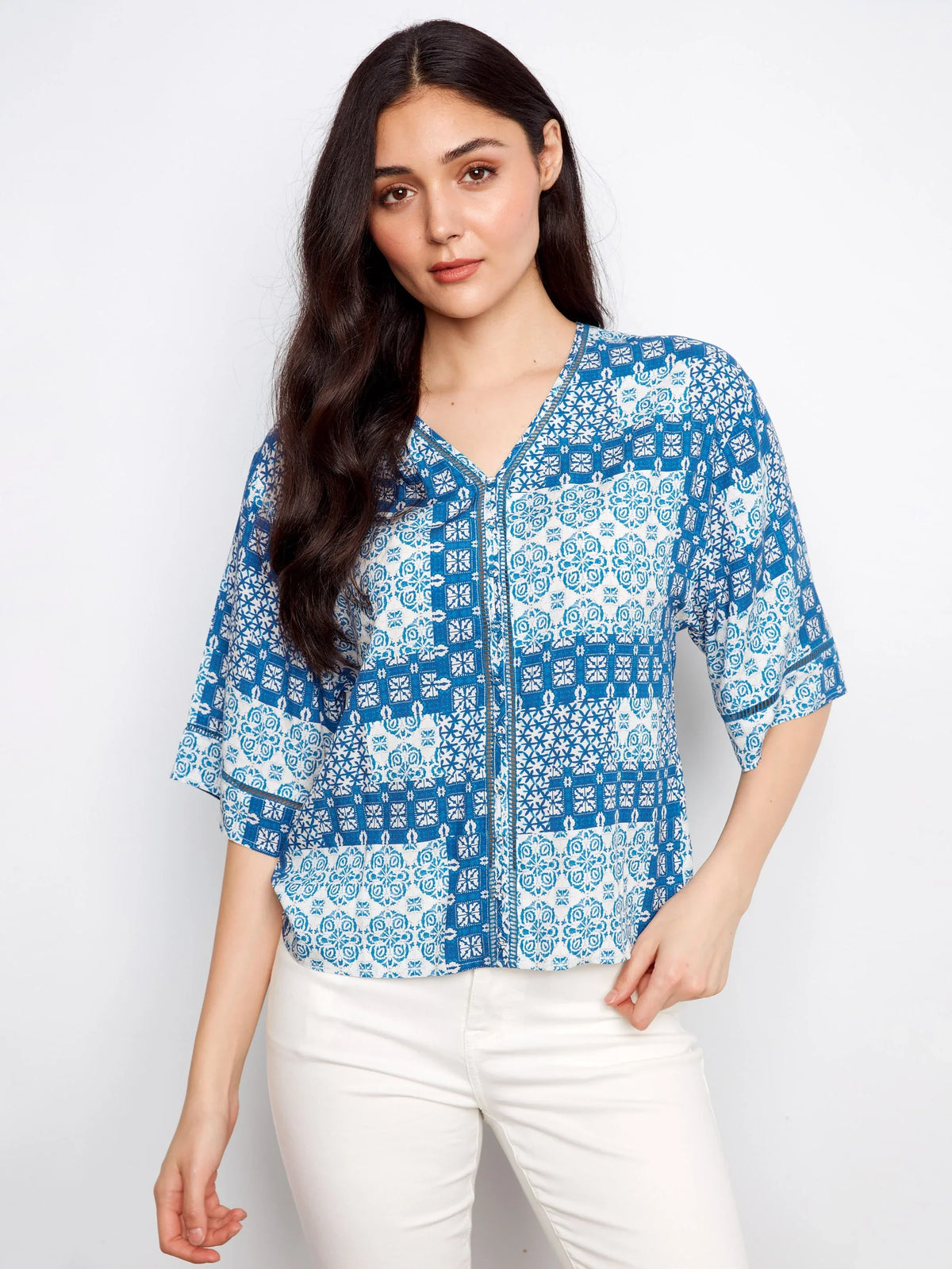 Charlie B Printed V-Neck Blouse - Style C4616RR-634A