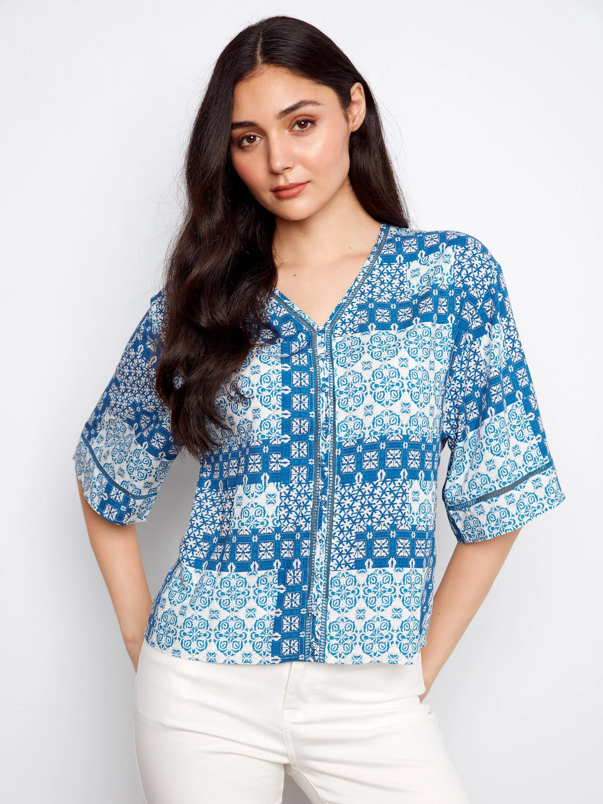 Charlie B Printed V-Neck Blouse - Style C4616RR-634A