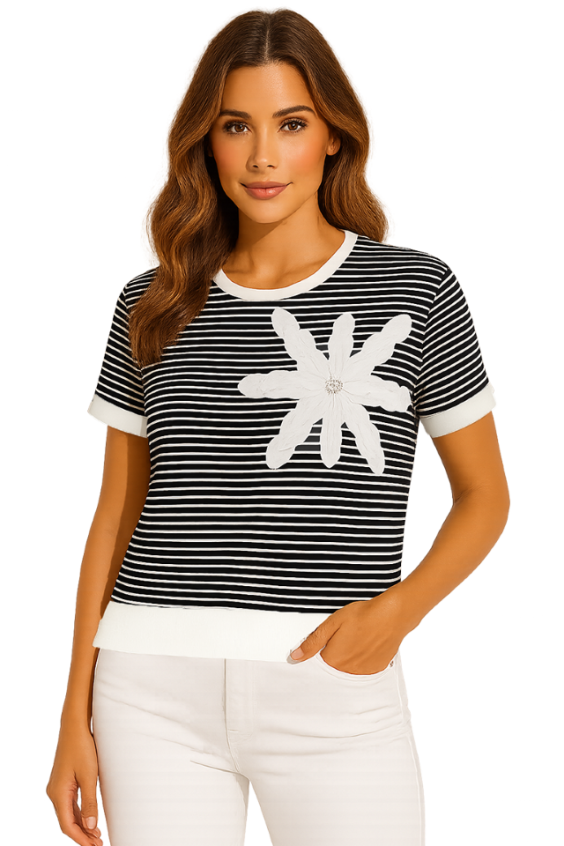 ORLY Striped Short Sleeve Top With Flower - Style 261320