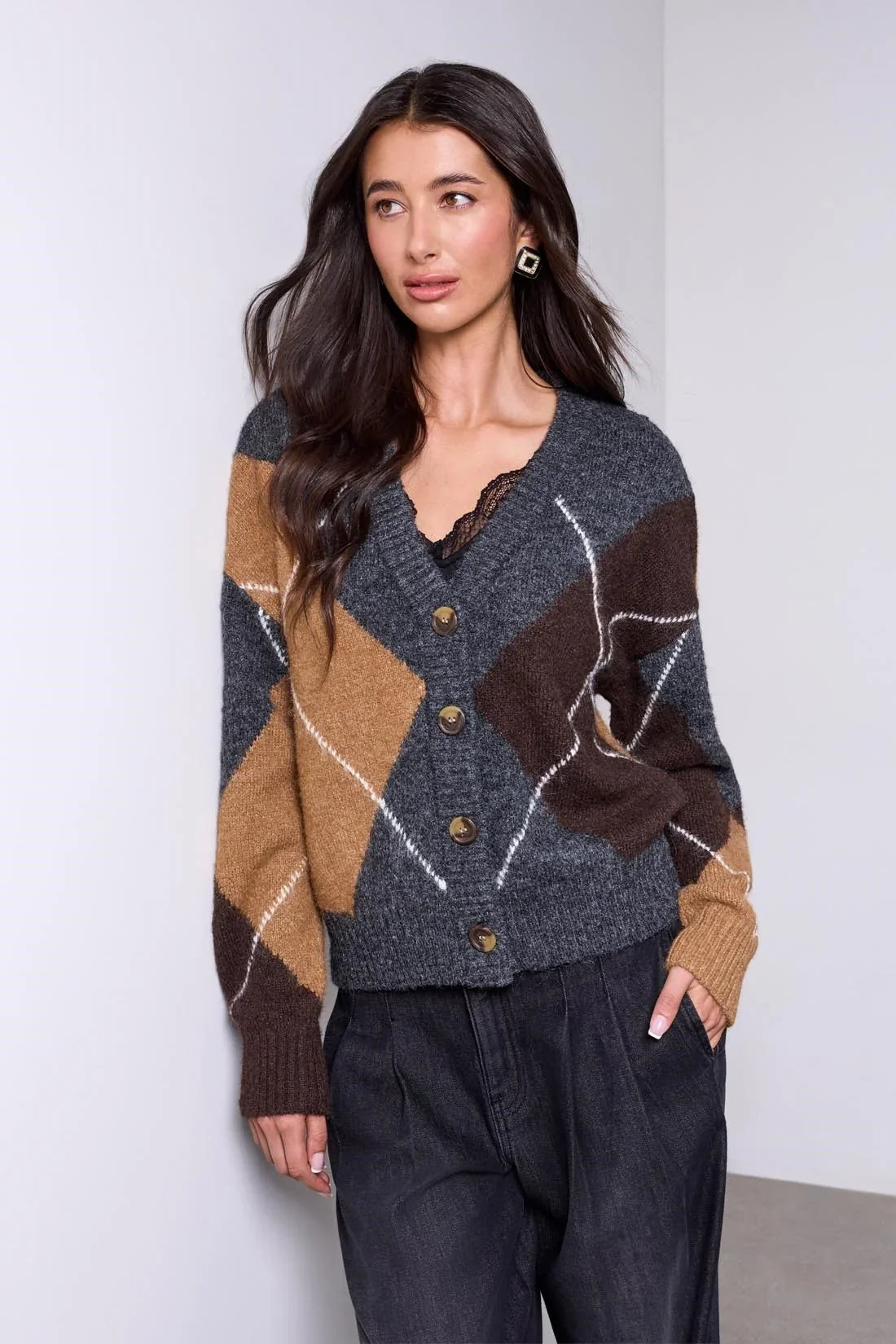 Tribal Diamond Pattern Button Front Knit Cardigan - Style 62630-5630