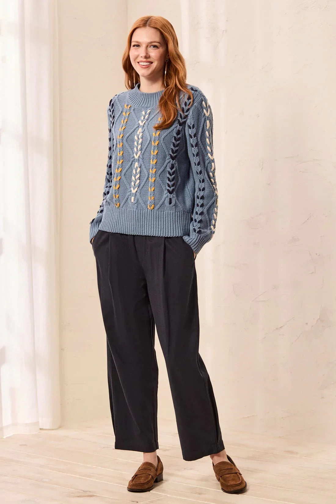 Tribal Contrast Lace-Up Cable Knit Crew Neck Sweater - Style 31290-3954