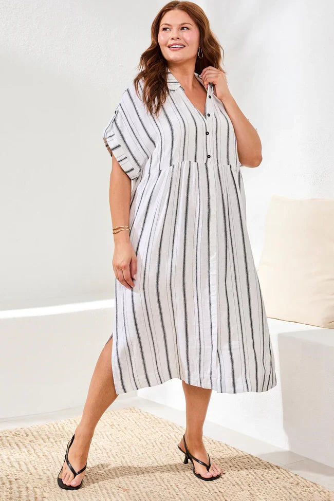 Tribal Yarn Dye Stripe Flowy Shirt Dress - Style 6095V-5400