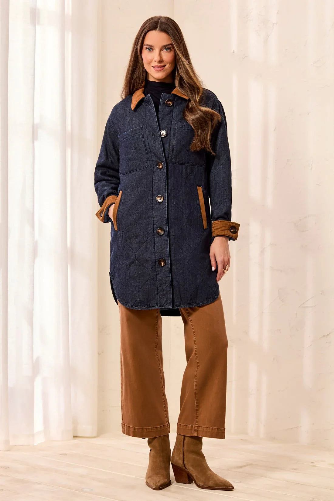 Tribal Quilted Denim Suede Trim Button-Front Jacket - Style 62370-5584